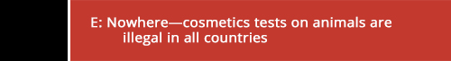 E: Nowhere—cosmetics tests on animals are illegal in all countries