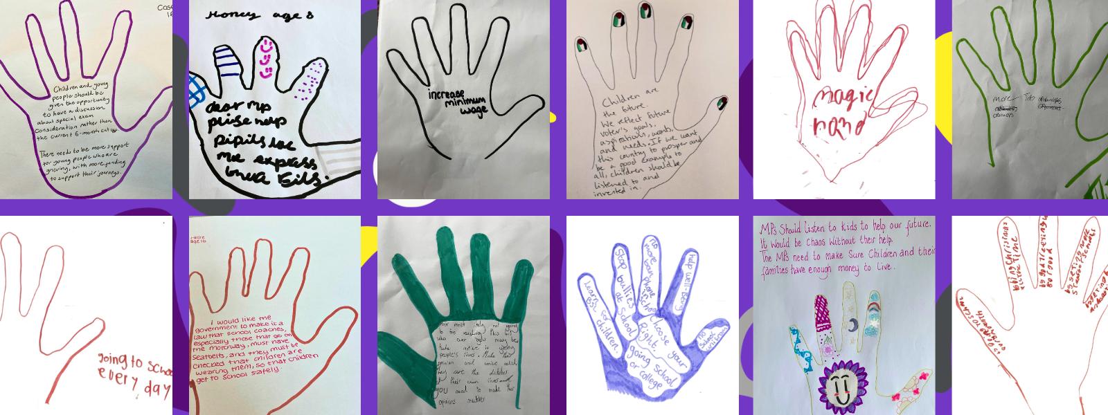 a grid showing ten different children's handprints with messages written inside, draw in coloured pen on pieces of paper