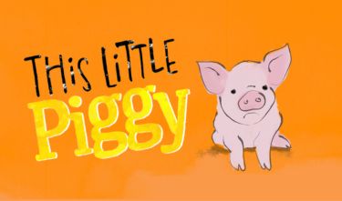 Orange block with an illistration of a sad pig and text saying This Little Piggy