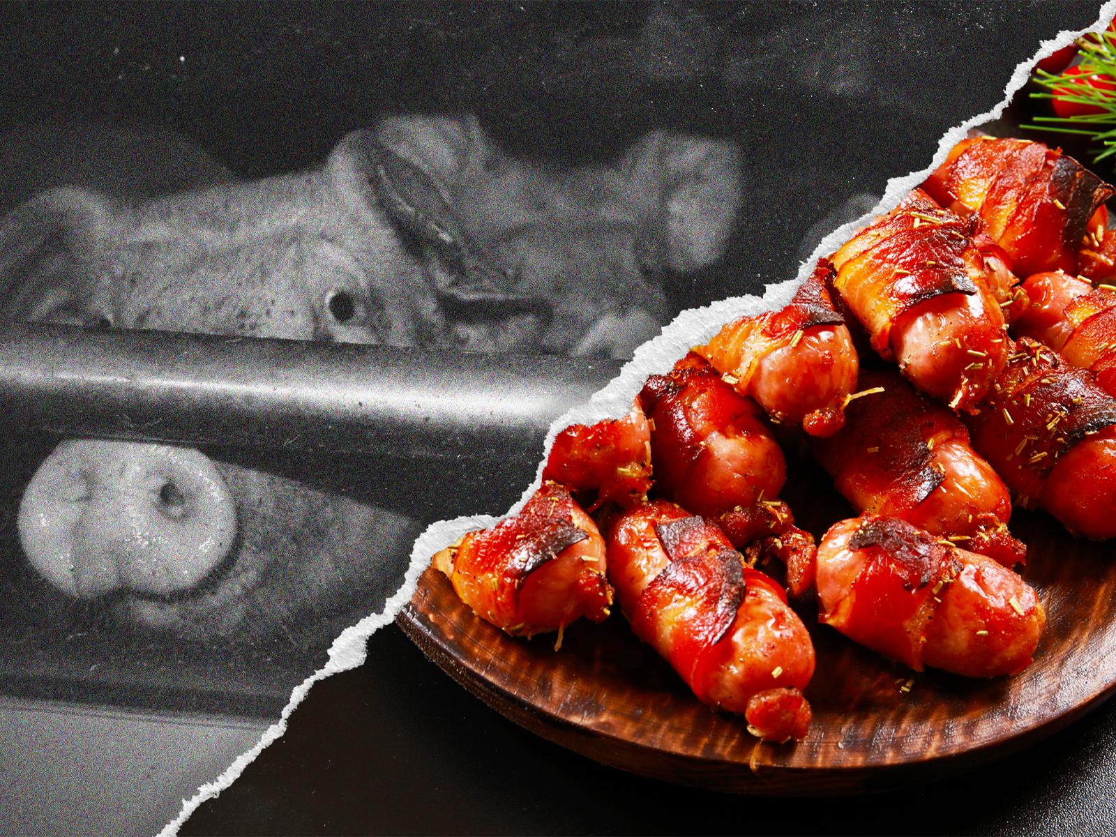 Split image with a tear effect down the middle. Left hand side is bl;ack and white photo of a pig behind bars and right handside pigs in blankets in colour