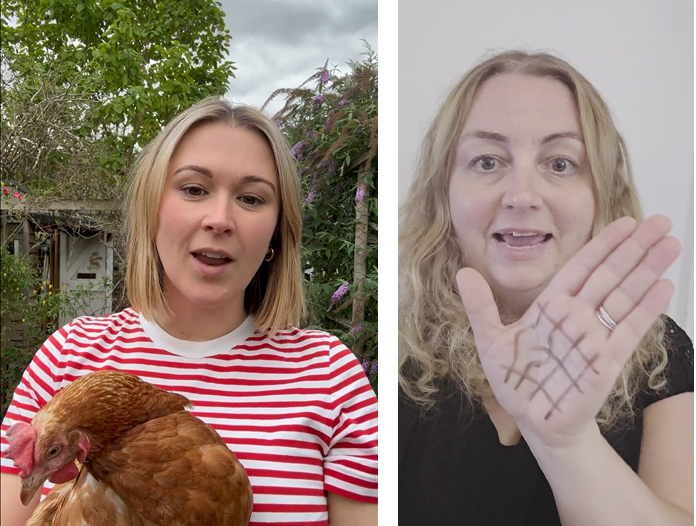 Split screen of two ladies speaking to camera. One holds a chicken under her arm the other holds up her palm with the broken cage drawn on it.