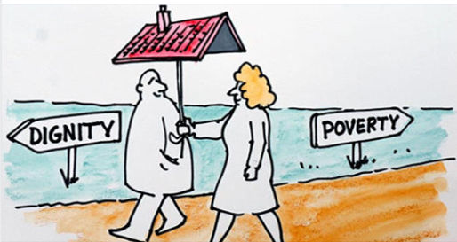Cartoon image of a man and a woman walking along a road, away from a sign that says toverty and towards a sign that says dignity