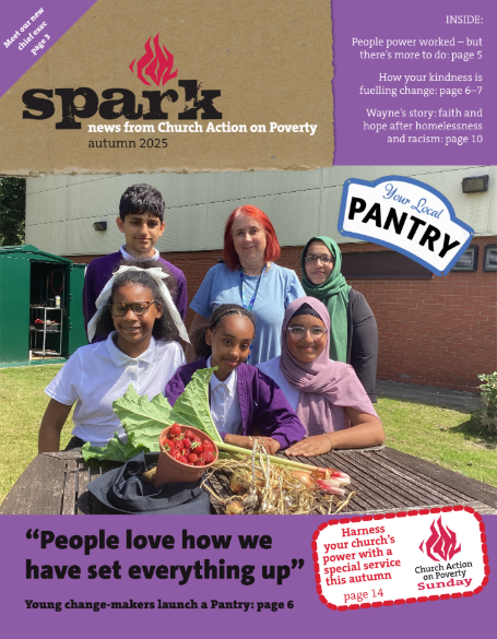 The cover of the autumn 2025 issue of our SPARK newsletter, featuring the children who set up a Pantry at their school