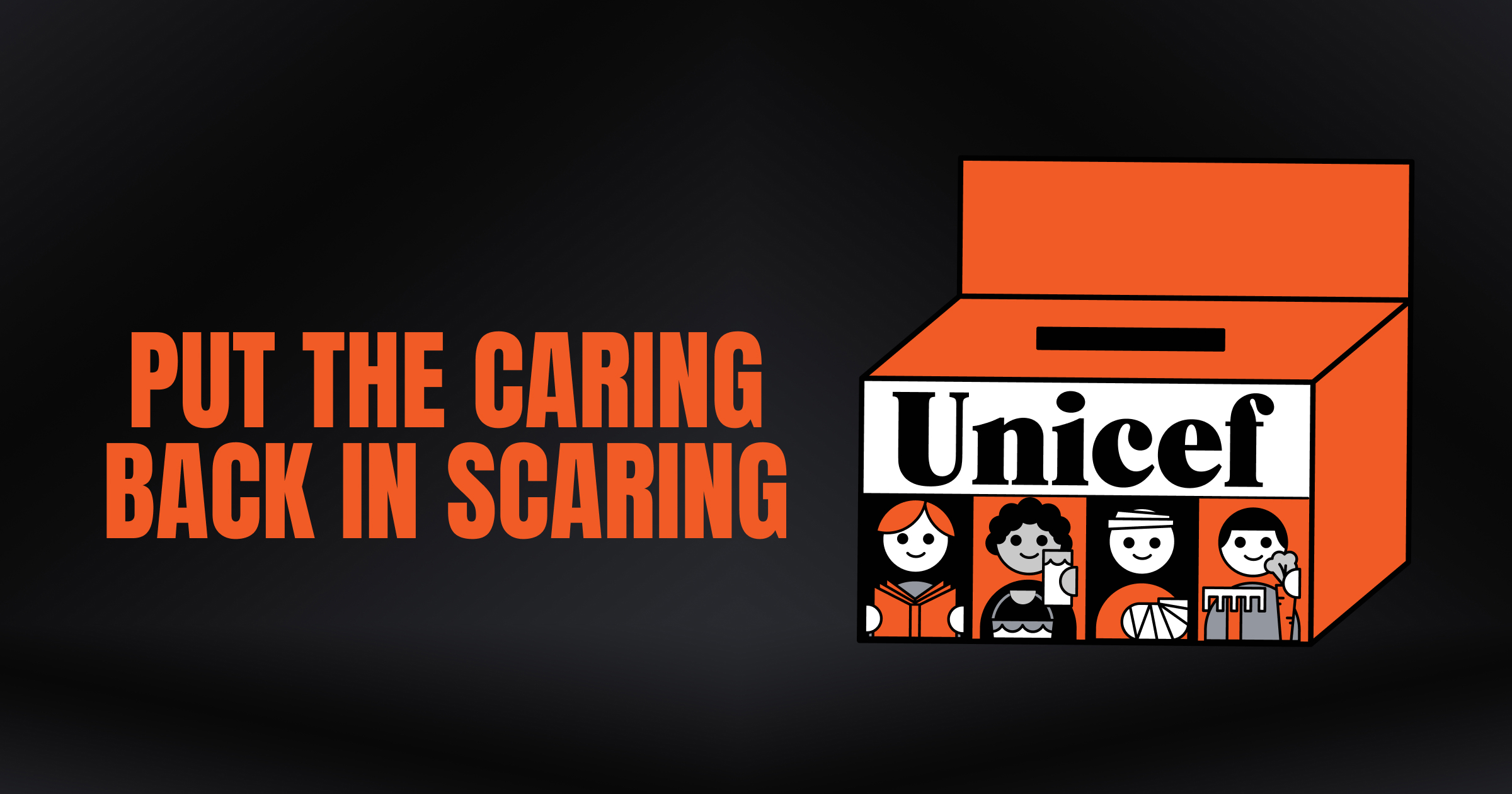 Illustration of the UNICEF orange Halloween box with the text “Put the caring back in scaring” beside it.