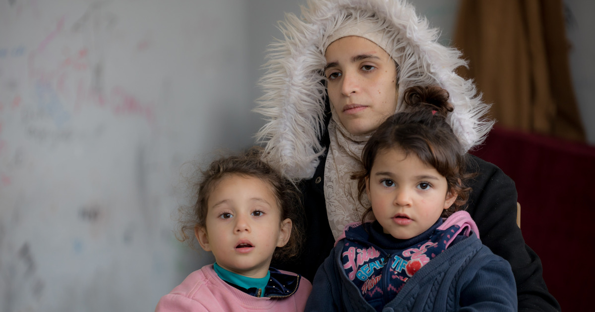 A mother and her daughters stay in a temporary shelter in Lattakia, Syria, after being displaced by the earthquakes. 