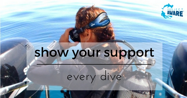 Show your support at every dive Diver wearing Project AWARE Silky Shark Mask Strap