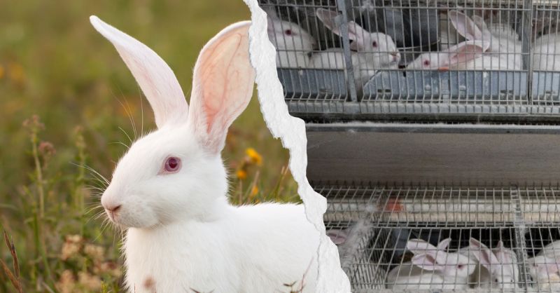 A gauche un lapin en liberte et à droite des lapins en cage