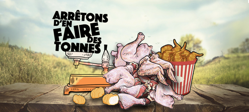 Logo Arrêtons d'en faire des tonnes et des viandes de poulets sur une balance posée sur une table en bois avec un fond sur une prairie.