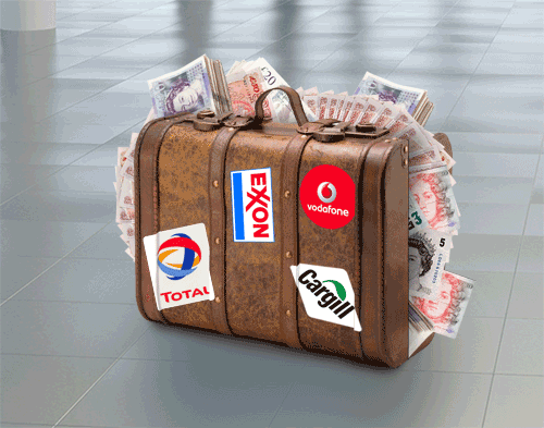 Suitcase of cash with Vodafone logo on