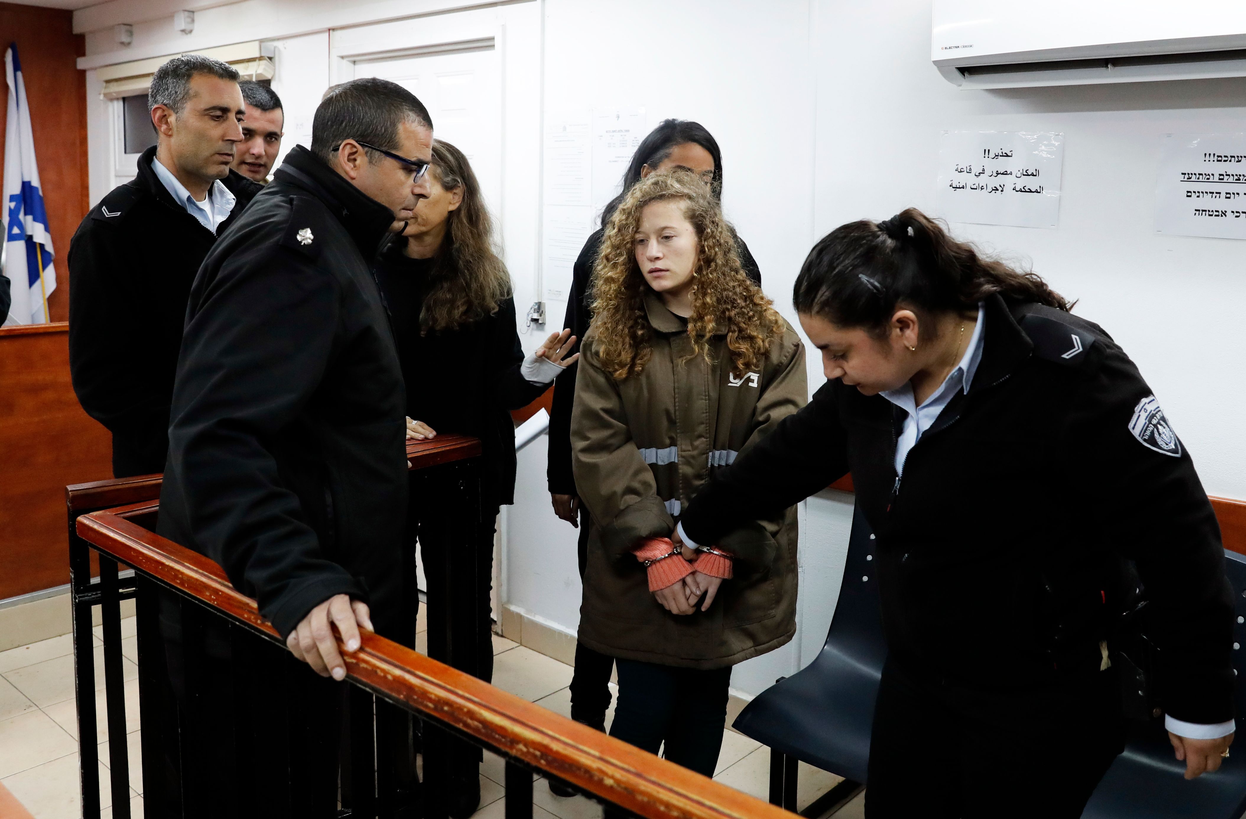 Sixteen-year-old Ahed Tamimi arrives for a hearing at Ofer military court