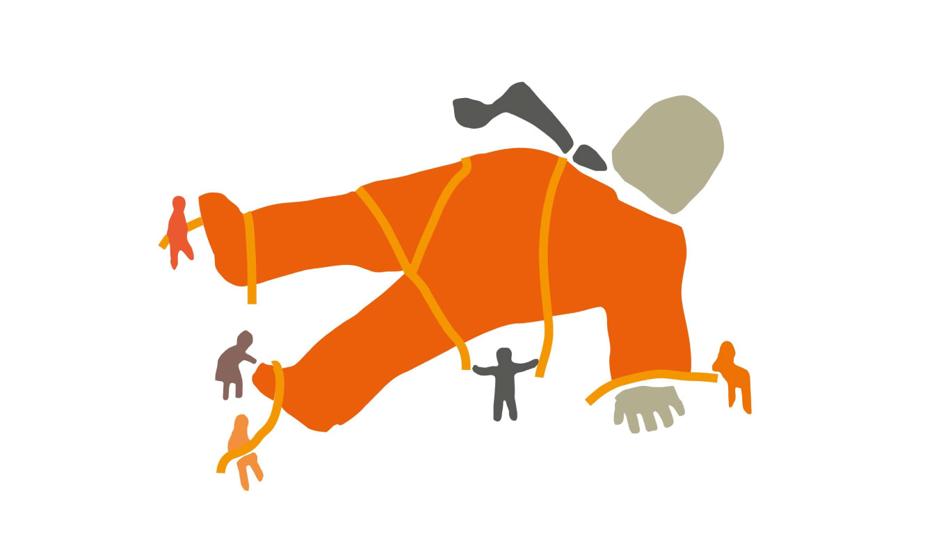 The Stop Corporate Impunity logo. An illustration of people tying down a giant 'corporate' man in an orange suit and grey tie.