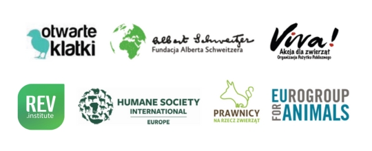 Loga organizacji: Otwarte Klatki, Fundacja Alberta Schweitzera, Viva!, Humaine Society International, Prawnicy na rzecz zwierząt i Eurogroup for Animals