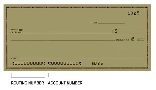 A typical bank check. There are three sets of numbers printed at the ...