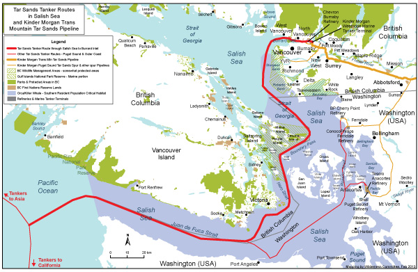 Map of tar sands tanker routes in the Salish Sea and Kinder MOrgan Trans Mountain Tar Sands Pipeline.