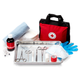 A medical bag, surgical tools, syringes and a bottle of medicine.