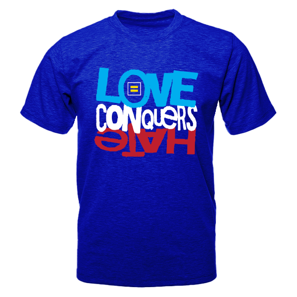 dark blue t shirt with red white and blue lettering that reads love conquers hate
