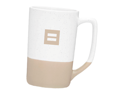 beige and white colorblocked ceramic mug with HRC logo