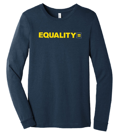 navy long sleve shirt with Equality printed in yellow letters along with the HRC logo