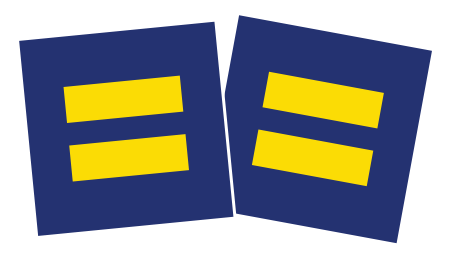 two square dark blue stickers with yellow equals sign