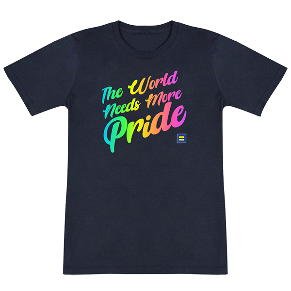 dark blue t shirt with phrase The World Needs More Pride in rainbow lettering