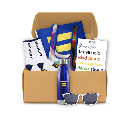 Box full of HRC branded items including stickers, socks, sunglasses, water bottle, bag, and poster