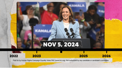 Kamala Harris speaking to a crowd. Text reads,