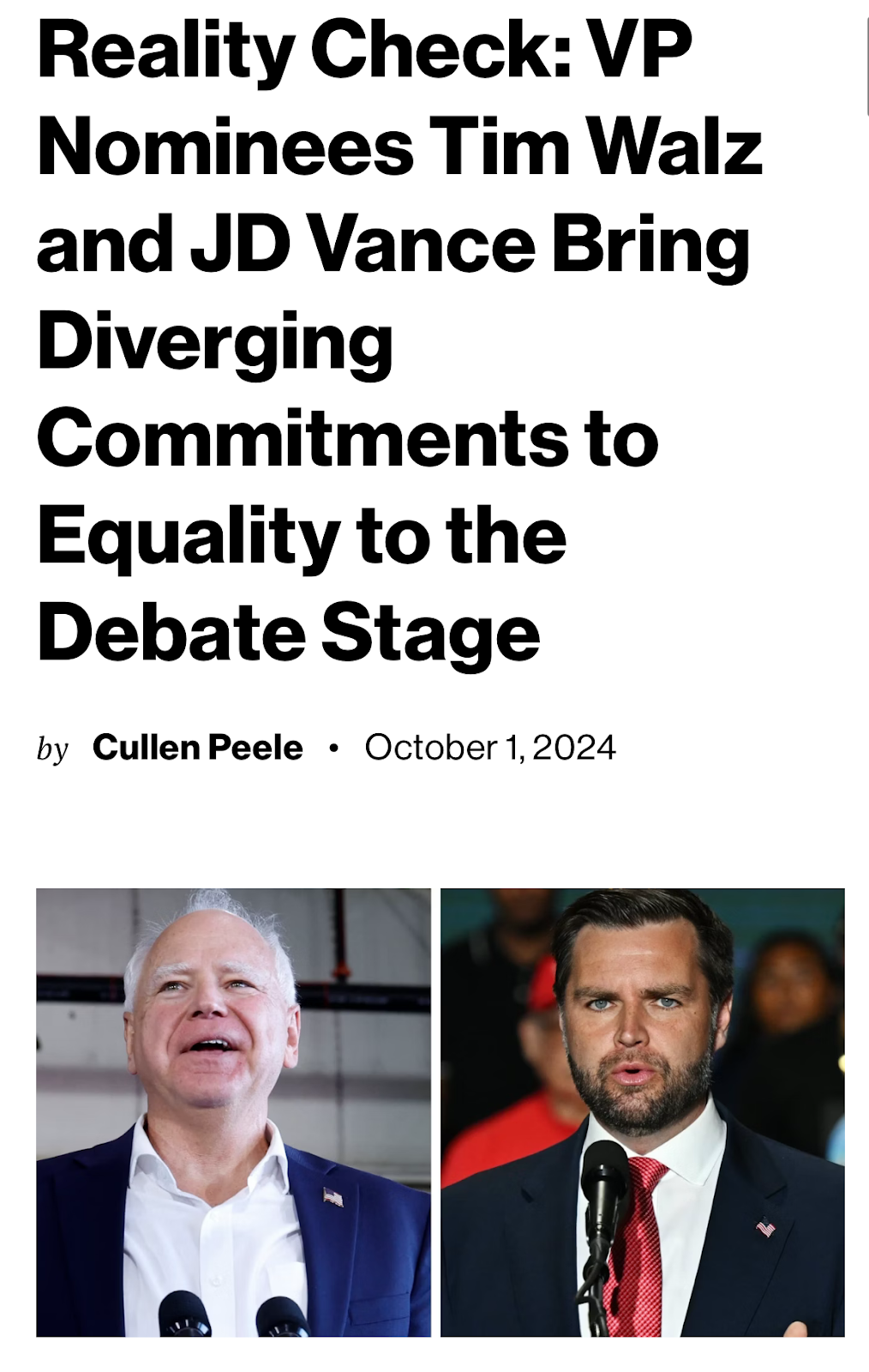 Reality Check: VP Nominees Tim Walt and JD Vance Bring Diverging Commitments to Equality to the Debate Stage