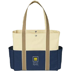 beige and dark blue tote bag with HRC logo