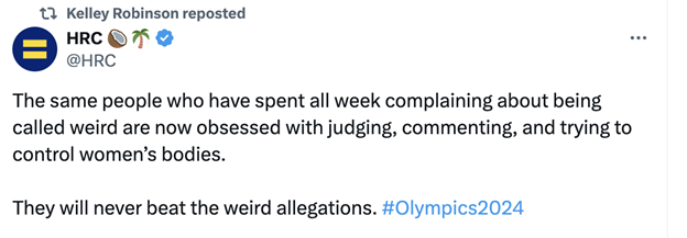 The same people who have spent all week complaining about being called weird are now obsessed with judging, commenting, and trying to control women's bodies. They will never beat the weird allegations. #Olympics2024