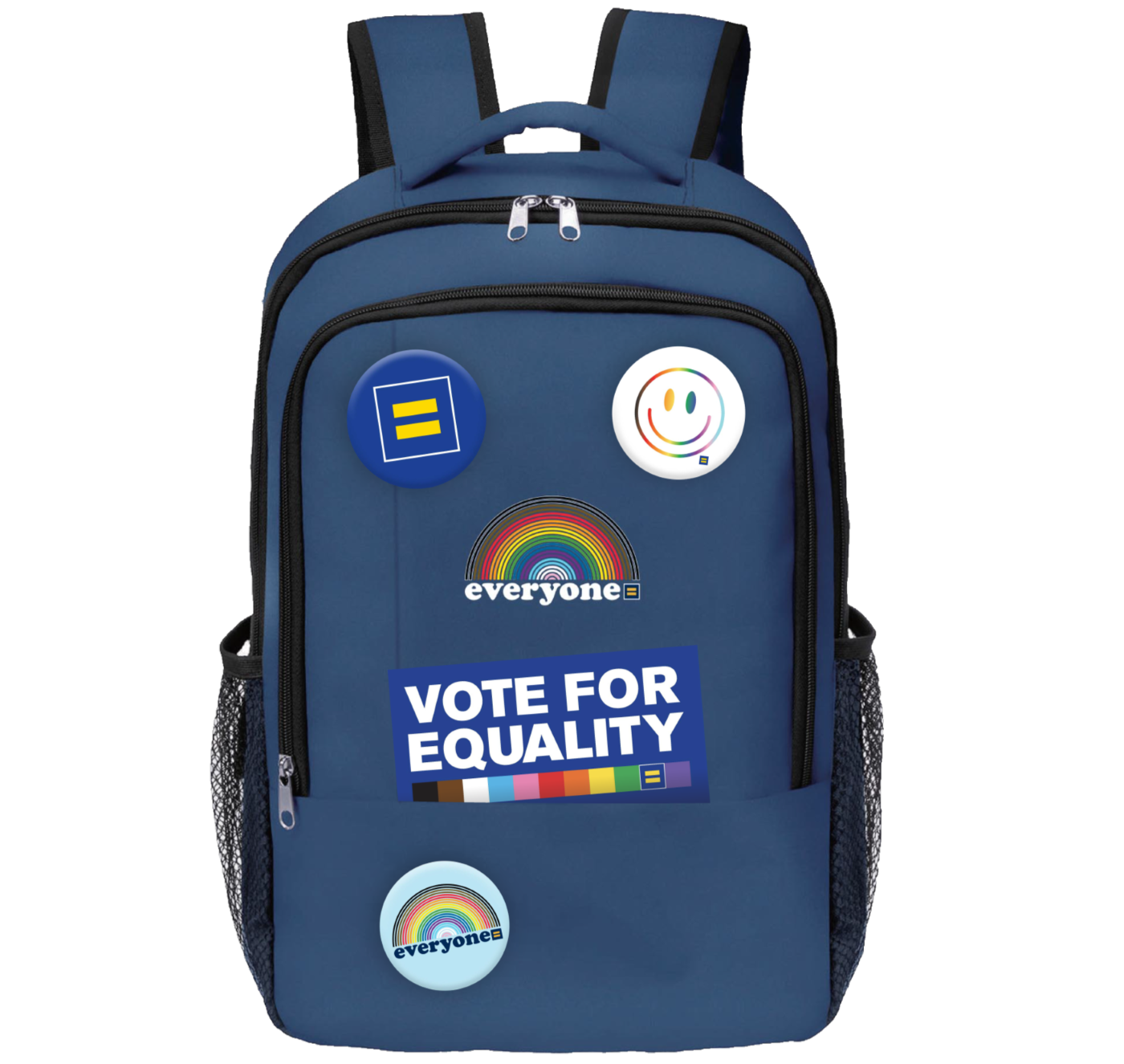 dark blue backpack with rainbow pins and vote for equality sticker