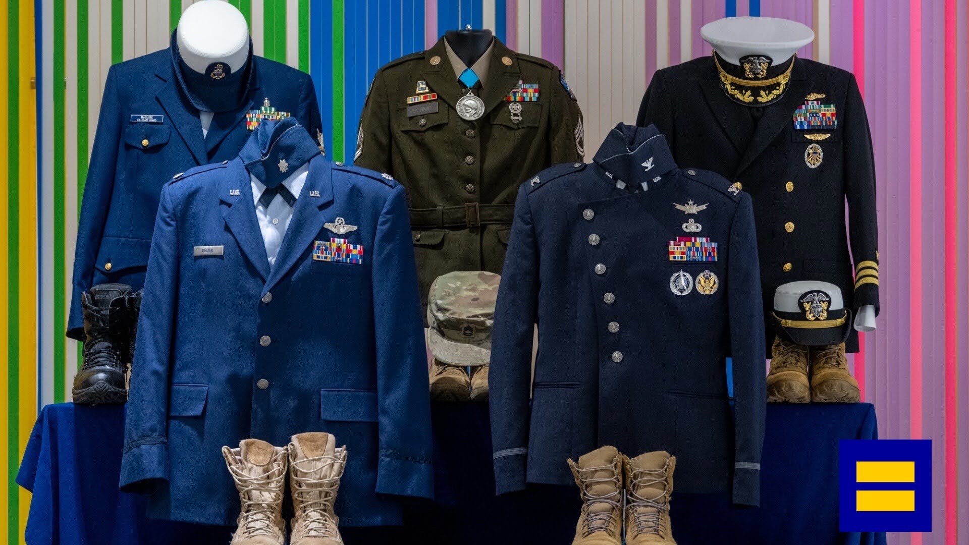 Jan 2026 photo: Uniforms displayed after trans servicemembers were prohibited by Sec. Hegseth/DOD from wearing their uniforms during their retirement ceremony. (HRC Building, Washington, DC)