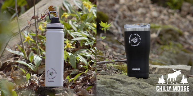 Chilly Moose water bottle and travel mug, branded with CPAWS paw, and the words “RESPECT, CONNECT, PROTECT”. Mug and bottle are sitting on rocks in nature.
