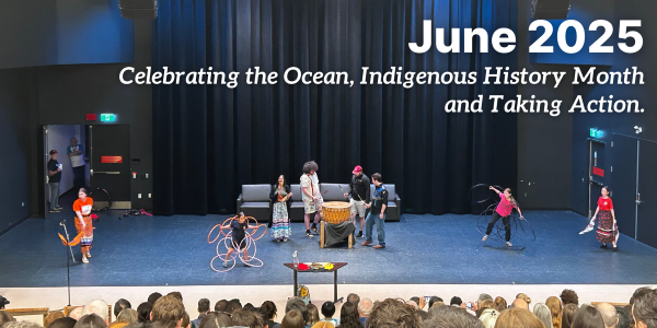 A performance of song, dance, and drumming by Mi'kmaq in the opening ceremony of the Coastal Zone Canada conference . Text says “This month we celebrate the Ocean, Indigenous History Month and taking action.”