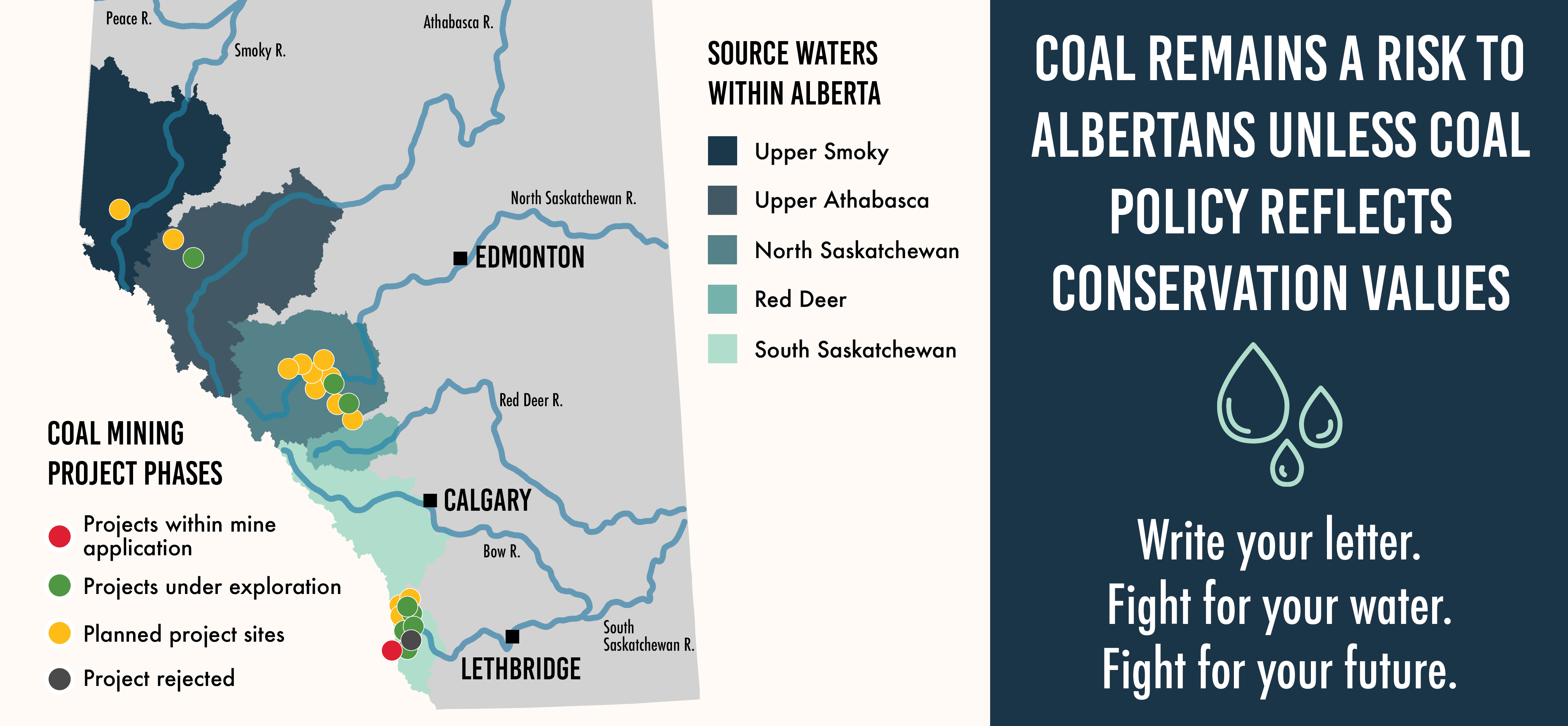 Map showing coal mining projects and source waters in Alberta.