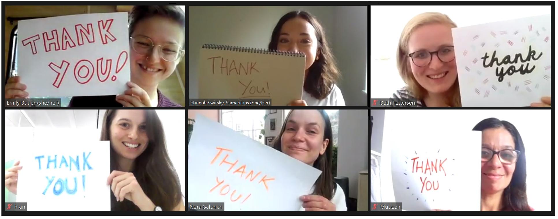 Photos of Samaritans staff members smiling and holding up bits of paper all saying 'thank you!'