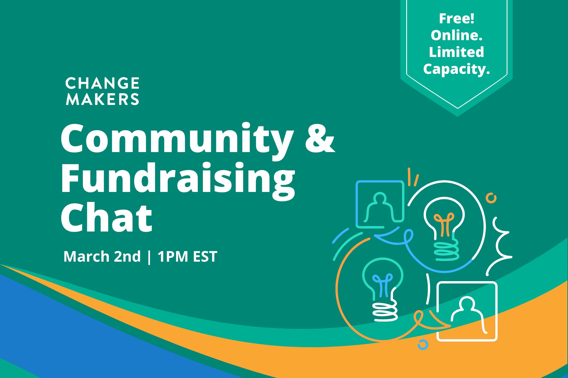 A graphic with that reads "Community & Fundraising Chat" with a date and time of March 2 at 1 PM Eastern Standard Time.