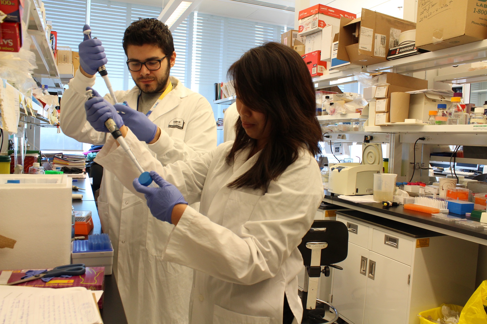 A male and female researcher in a research lab using large pipettes to transfer liquids into round blue containers.