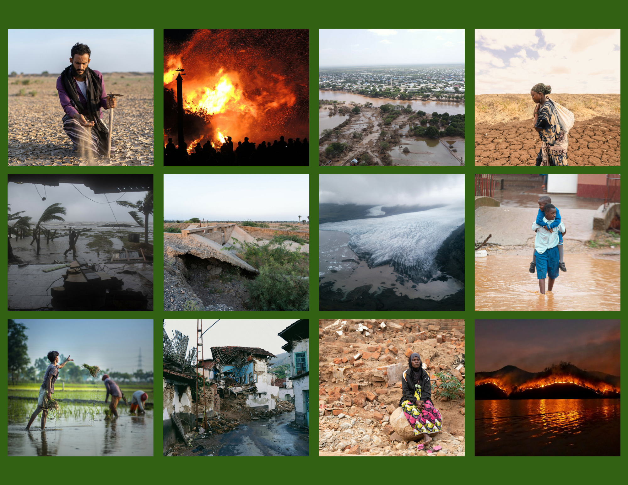 Photo collage of climate induced disasters.