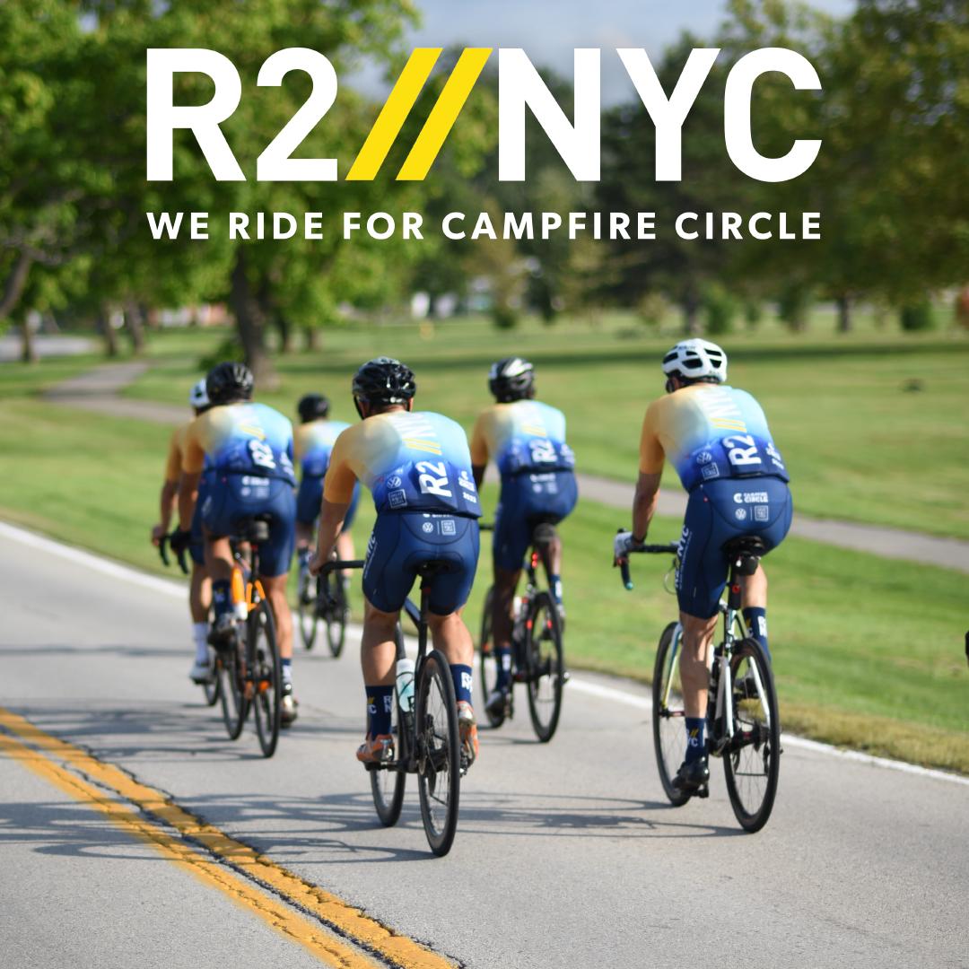 R2NYC We ride for Campfire Circle cyclists riding away from camera