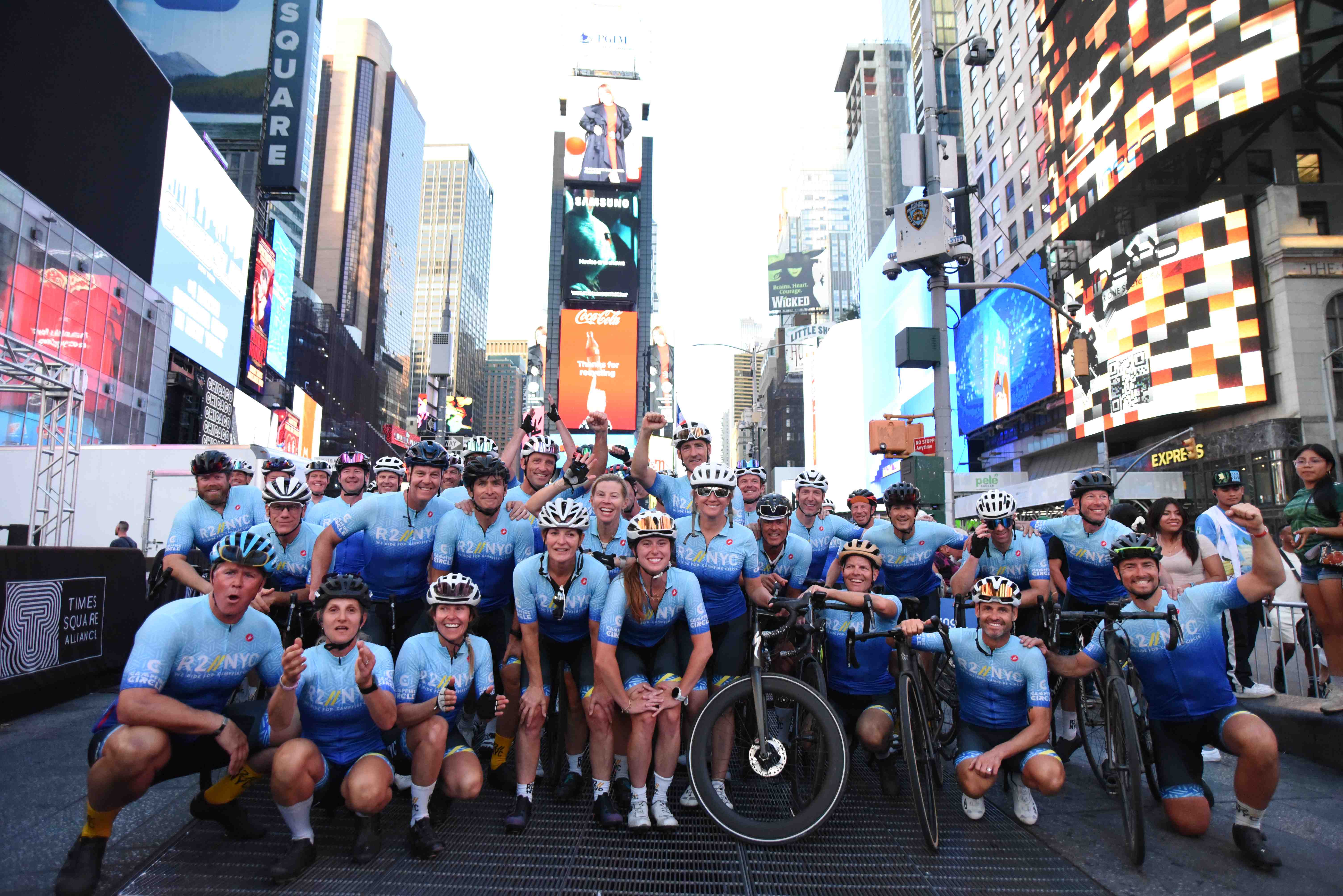 group of cyclists in Times Square