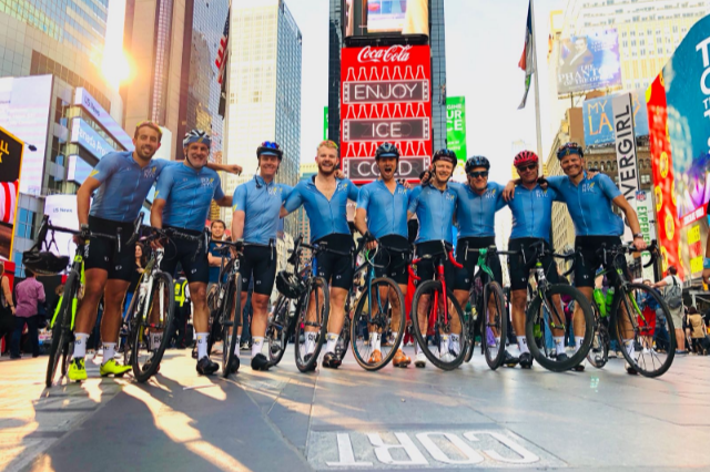 group of riders in times square