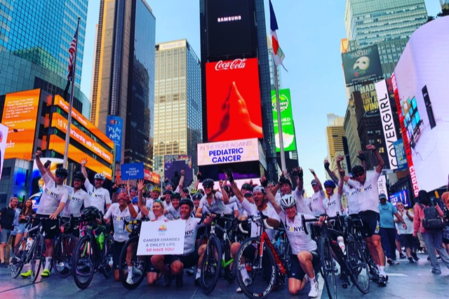 group of riders in times square
