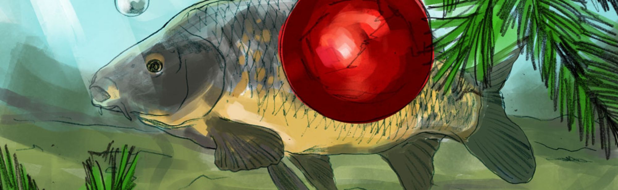 Ilustrace kapra s vánoční ozdobou.