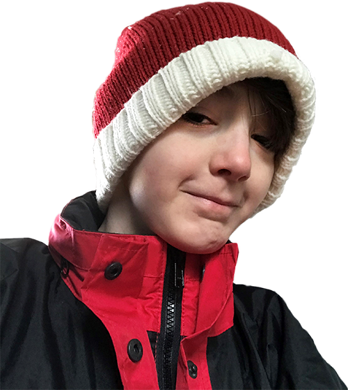 Leo Berry wearing a red and white beanie hat and a black and red jacket