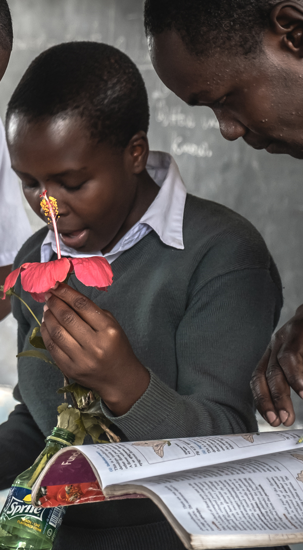 Tanzanian youth holding local flowers while looking at a botanical book.