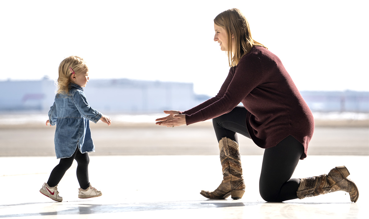 Portrait of STARS Very Important Patient Christine Aarsby and her daughter Addie in STARS Hangar