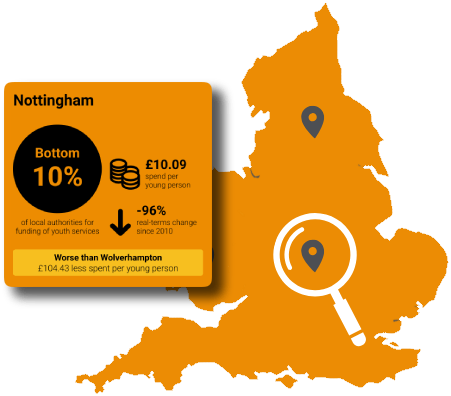 Map of England showing the how much is spent on youth services in a local area