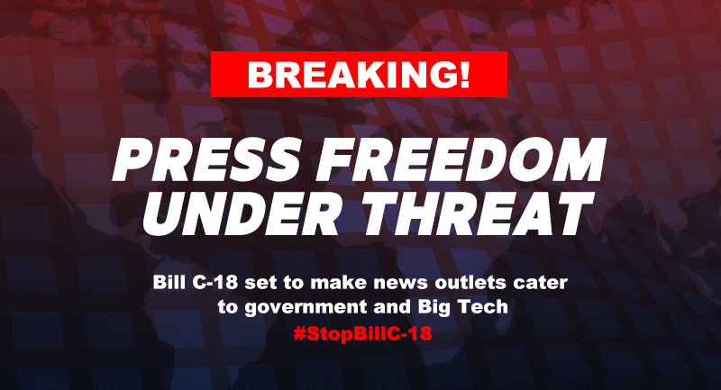 News card reading "Breaking! press freedom under threat. Stop bill C-18"