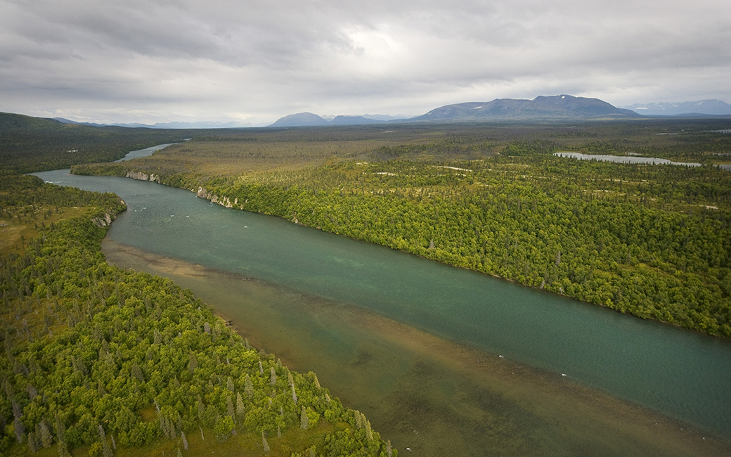 Aerial view of the Talarik River and its tributaries which form the Bristol Bay watershed near the site of the proposed Pebble Mine in southwestern Alaska. &copy; Bridget Besaw