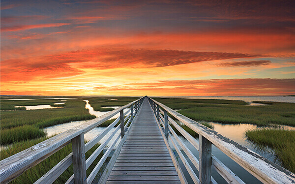 An October evening at the Bass Hole boardwalk that crosses the Chase Garden Creek Marsh in Yarmouthport, Massachusetts. © Katherine Gendreau